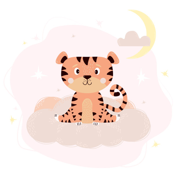 可爱的小老虎坐在柔和的粉红色云朵上图片下载