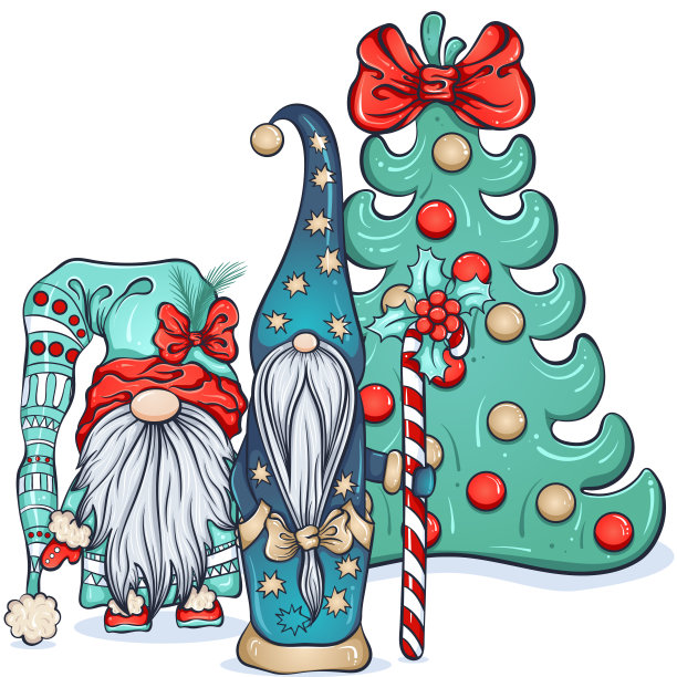 两个北欧小精灵拿着糖果棒站在圣诞树旁图片下载