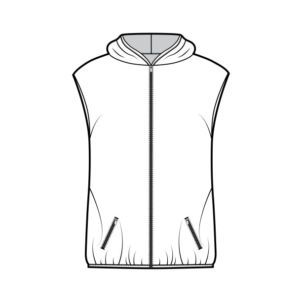 连帽羽绒背心羽绒背心技术时尚插图拉链关闭，口袋，超大，臀部长度图片下载