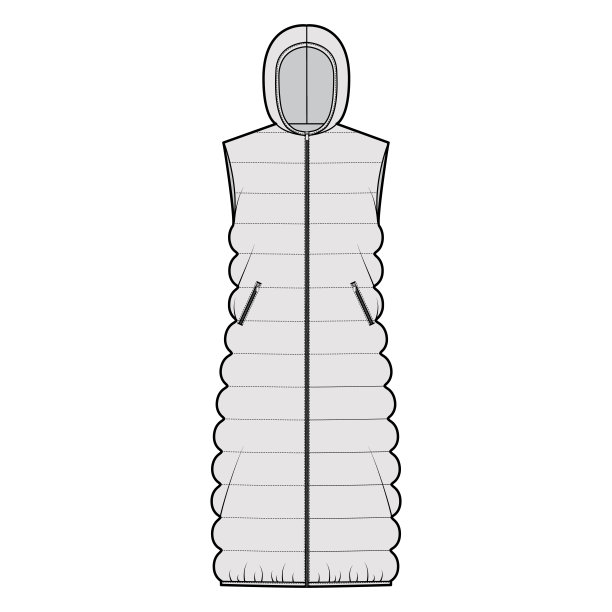连帽羽绒背心羽绒背心技术时尚插图拉链关闭，中长裙长度，经典绗缝图片下载