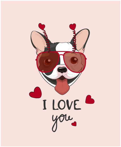 可爱的海报情人节。可爱的狗微笑与心和引用我爱你。法国斗牛犬黑白相间。明信片,识别、情人节。向量插图小狗和爱。粉色,平图片下载