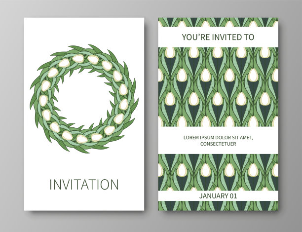 一套海报，背景与花和叶子的郁金香。来自春天花朵的装饰品和纹理。花环，有文字的框架。可爱的自然主题的邀请和卡片。向量图片下载