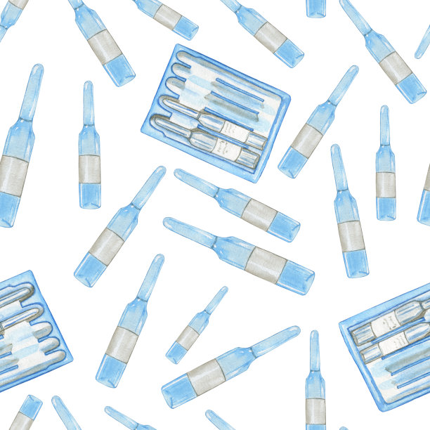 医用无缝模式与蓝色安瓿和白色背景盒。水彩手绘插图医疗岗位，打印，数字纸，封面。图片下载