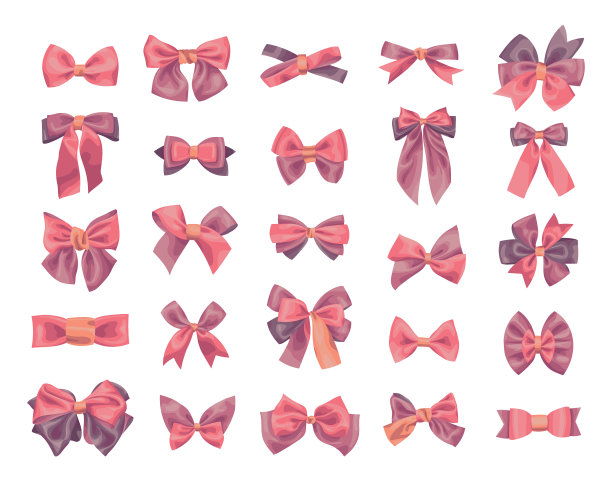 收集各种蝴蝶结和丝带的矢量插图，孤立的彩色元素与简单的阴影和照明在白色的背景。图片下载