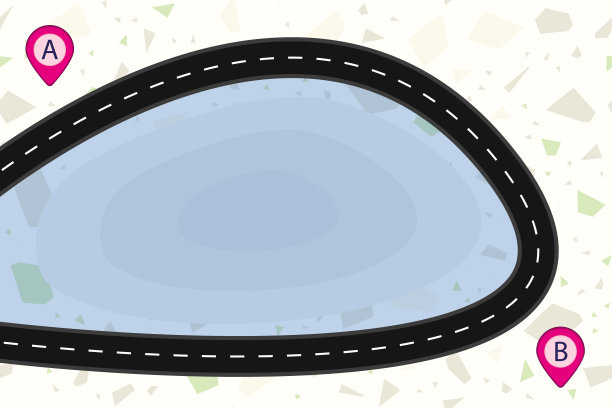 地图上的道路顶部视图与湖。有标记和地形的弯曲的、弯曲的道路或公路。从A点到b点的路线、街道、道路。矢量图图片下载