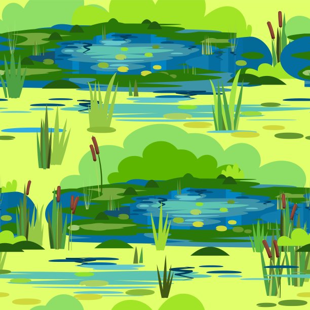 带水库的景观。无缝模式。植物，草，芦苇和香蒲。小沼泽、池塘、湖或水坑。Miltic设计平直风格。说明向量图片下载