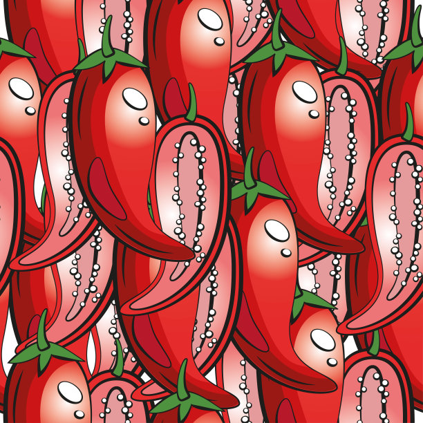 无缝花纹的红辣椒。手工绘制的墨西哥辣辣椒整体和部分。打印织物。图片下载
