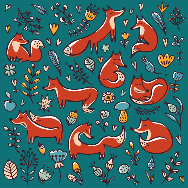 一套可爱的狐狸和花卉元素图片下载