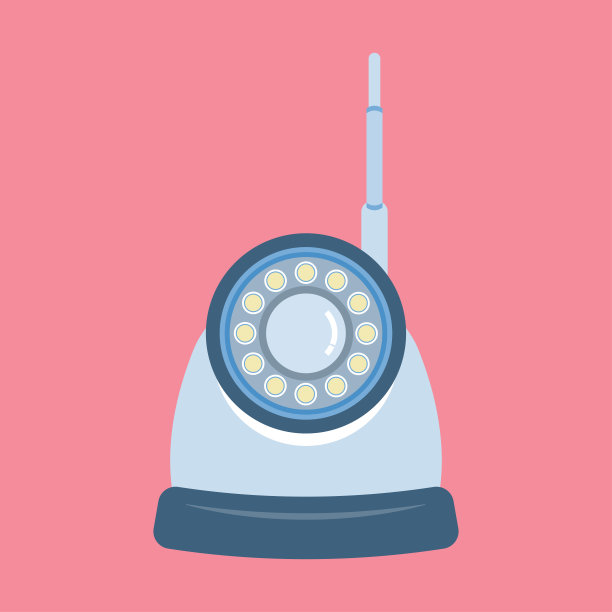 粉红色背景上蓝色闭路相机的平面设计。闭路电视安全与天线卡通概念图标。向量,插图。图片下载