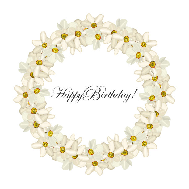 生日快乐!白花水仙花的框架。矢量股票插图eps 10。图片下载