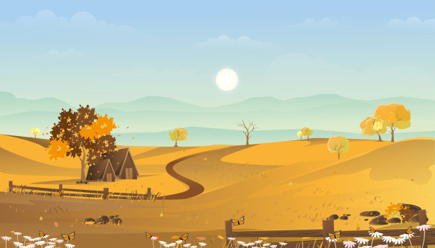 秋天的风景与农家，山，蓝天和云在村庄，农村田野与农舍在农田在阳光明媚的日子，卡通矢量插图横幅为秋天或秋天的背景图片下载