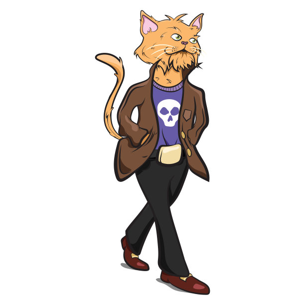 拟人化的动物。人带着猫头穿着酷酷的衣服。酷的街头猫人物穿着夹克，牛仔裤和鞋子。图片下载