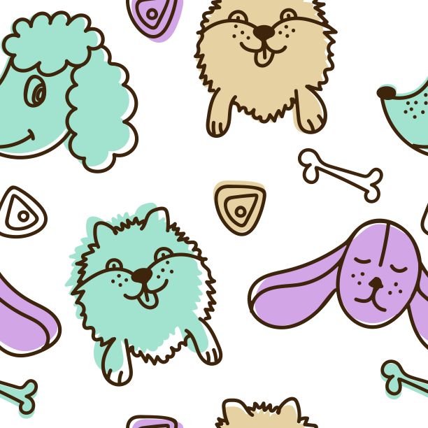 狗有趣的图案在白色的背景，博美犬，小猎犬和贵宾犬矢量插图在一个平坦的风格。适用于印制纪念品、明信片及纺织品。图片下载