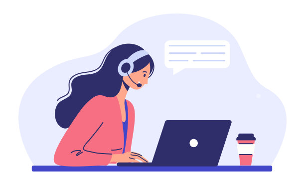 客户支持服务。一位带着耳机和麦克风的女士坐在笔记本电脑前。概念说明支持，援助，呼叫中心。图片下载