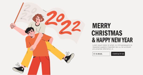 男性和女性角色庆祝圣诞节或新年。男人抱着女人，手里拿着2022年的旗子。新年横幅的概念，网站，ui和电子邮件问候。快乐的人庆祝节日。图片下载