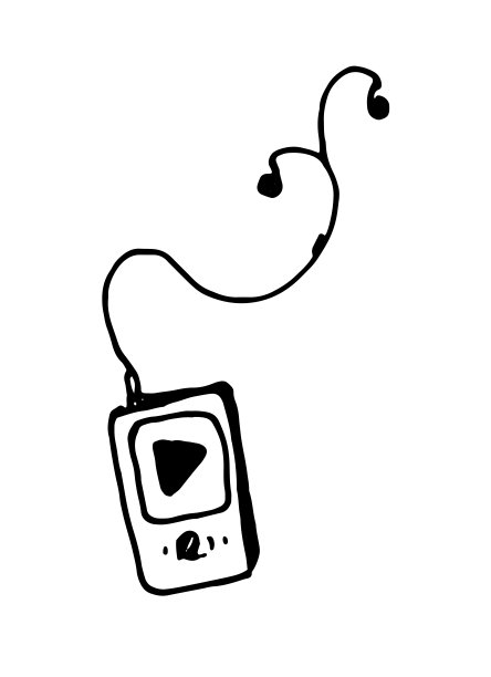 矢量mp3播放器与耳机。手绘涂鸦风格的音乐播放器与回放和有线耳机，隔离的黑色轮廓上的白色背景为一个设计模板图片下载