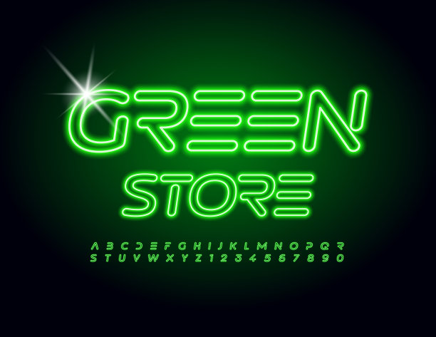 向量明亮的标志绿色商店。霓虹灯电子字母和数字设置图片下载
