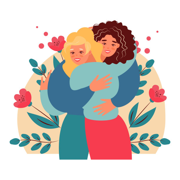 矢量漫画插图的快乐见面的两个朋友拥抱。两个女人彼此幸福。爱,亲戚、朋友。“n”n图片下载