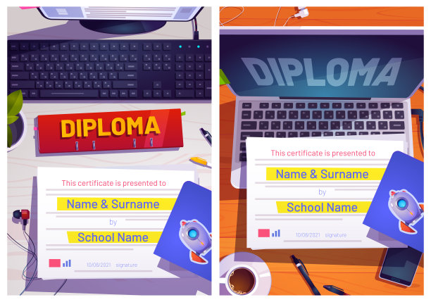 学校文凭设计与电脑桌面俯视图图片下载