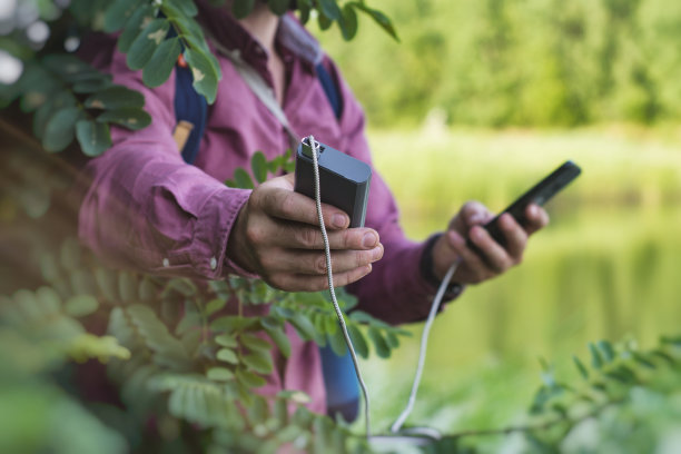 一名游客手中拿着一部带有便携式充电器的智能手机。一名男子在大自然和森林的背景下为手机充电。图片下载