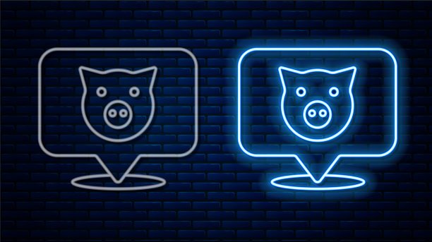 发光的霓虹灯线猪图标孤立在砖墙图片下载