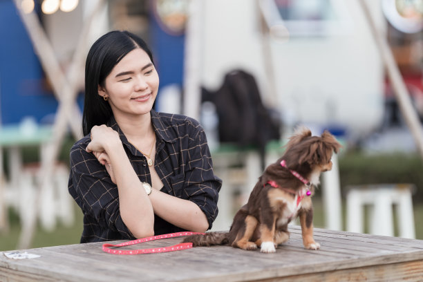 一个美丽的女孩和她可爱的小狗在公园的户外玩耍。小狗和主人在公园玩了一天，玩得很开心。宠物爱心库存照片图片下载