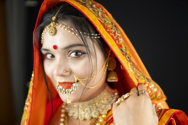 美丽的传统印度年轻女子的肖像穿着纱丽和珠宝，看着相机。图片下载