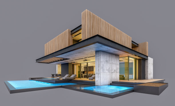 灰色背景现代木质房屋3D渲染图片下载