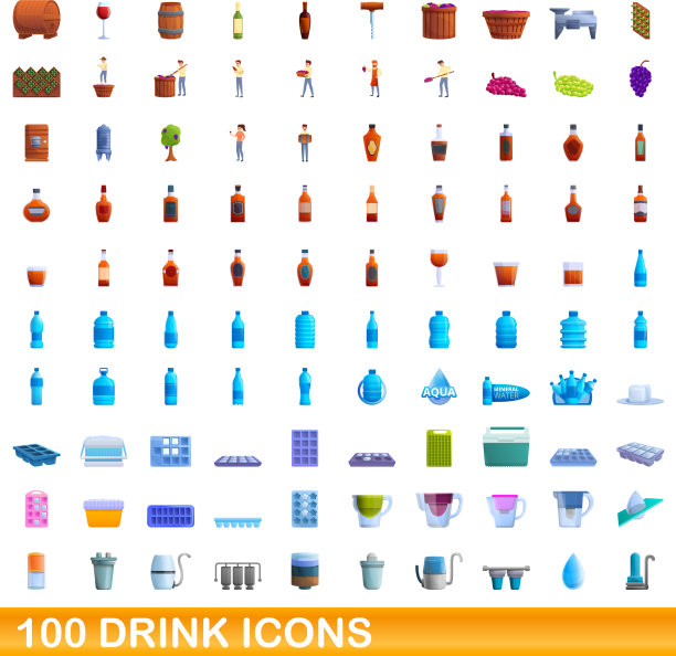 100个饮料图标设定卡通风格图片下载