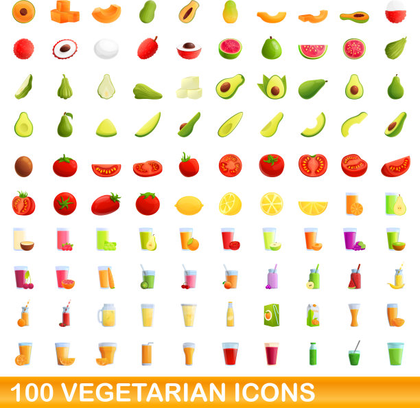 100个素食图标，卡通风格图片下载