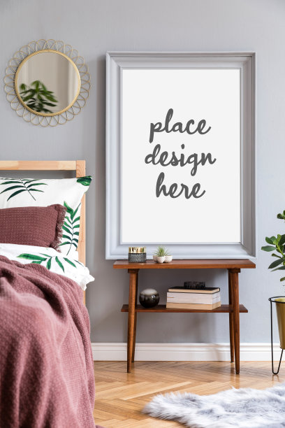 优雅的卧室室内设计家具，模拟海报框架，镜子，装饰，毯子，枕头和优雅的配件在现代家庭舞台。模板。图片下载