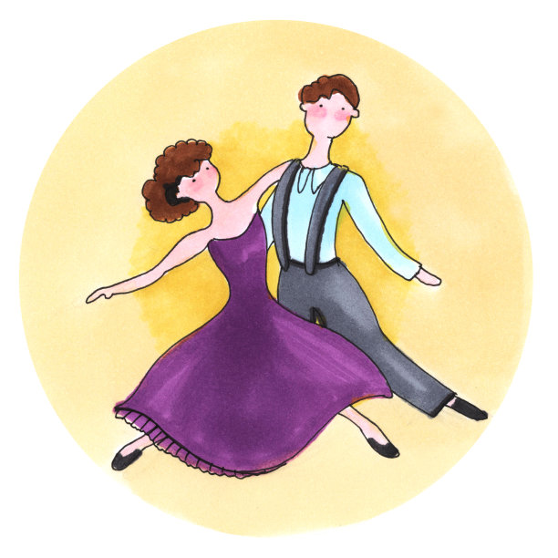 手绘插图圆形形式的儿童卡通风格的男孩和女孩跳华尔兹或古典交际舞的黄色背景图片下载