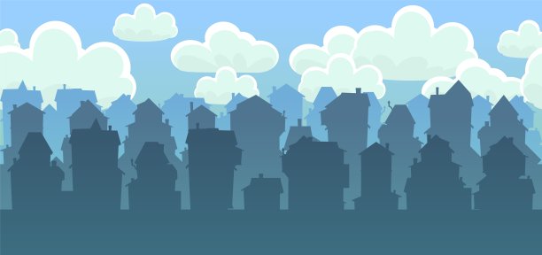 小镇。村庄或城市卡通屋的剪影。无缝的街道。天空的云。传统风格的舒适私人住宅。好有趣的家。插图。向量图片下载