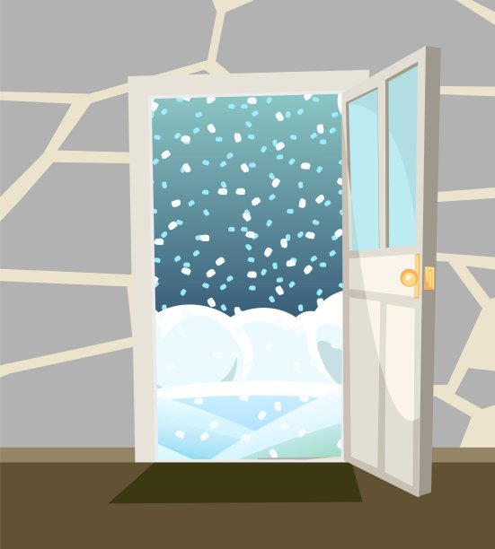 打开门。简洁、扁平的风格。从房子的房间看里面。石头墙。开放。卡通可爱的童话设计。照片的背景。向量图片下载