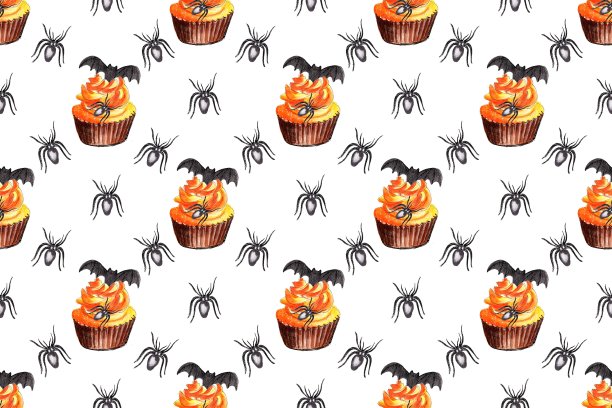 万圣节糖果，无缝模式。带着魔法帽和蜘蛛的蛋糕。水彩手绘插图，食物背景图片下载