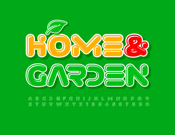 向量创意徽章家和花园与绿色字母和数字设置图片下载