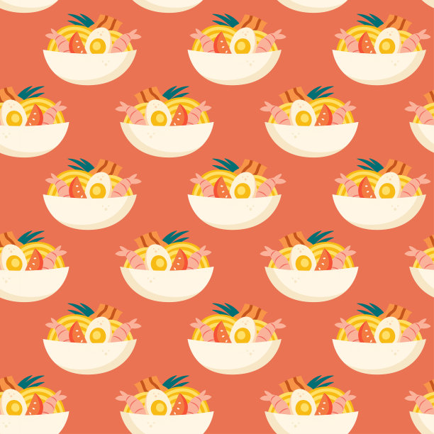 拉面汤里有黄色的面条，虾，培根，鸡蛋，西红柿，柠檬草。亚洲食物交付。无缝的图案，纹理，背景。包装设计，包装纸。可编辑的背景颜色。图片下载