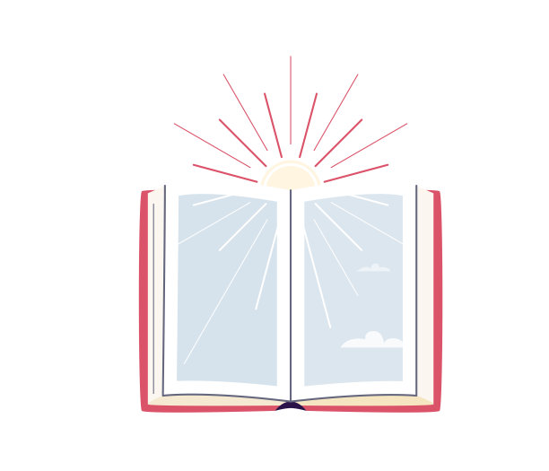 阅读概念向量背景。翻开书，阳光照在后面，阳光照在天空，白云隔离在白色上。图书馆、书店设计插图以简单的卡通扁平化风格图片下载