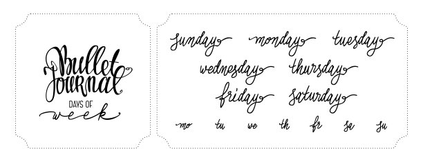 天周书法集孤立于白上。星期日，星期一，星期二，星期三，星期四，星期五，星期六写日记和子弹日记。图片下载