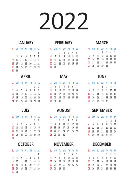 美国日历是2022年。星期从星期日开始。向量图片下载