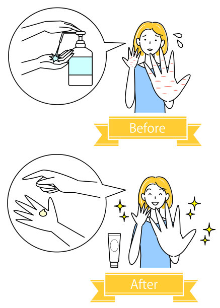 酒精消毒前后皮肤粗糙对比，可爱女性插画图片下载