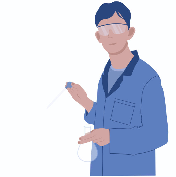 医药化学家矢量图例。一个身穿白大褂，手里拿着试管的实验室助理。图片下载