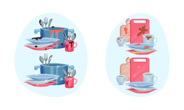 把干净和脏的餐具堆在一起图片下载