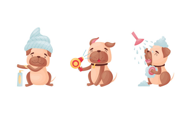 卡通哈巴狗角色梳理干燥的皮毛和图片下载