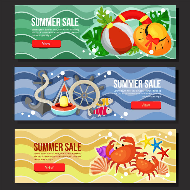 丰富多彩的夏季销售横幅网页设置海洋主题图片下载