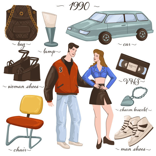 90年代的时装、服装、家具和物品图片下载