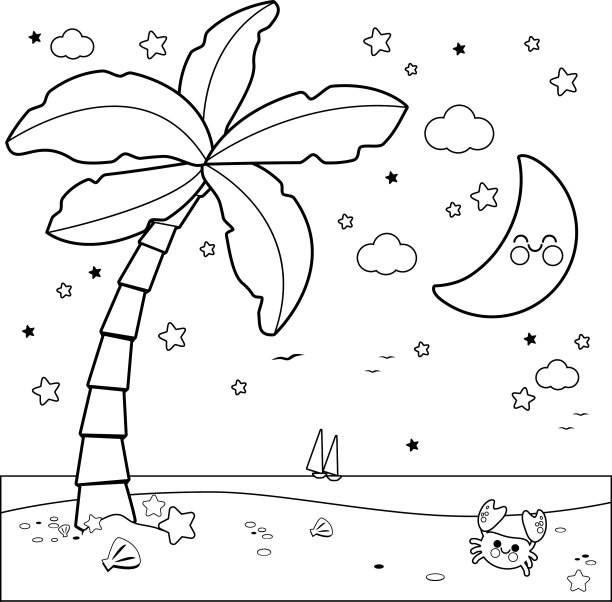 晚上有棕榈树的热带海滩图片下载