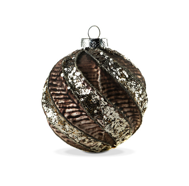 圣诞节装饰玻璃棕色球与闪光孤立在白色背景。图片下载
