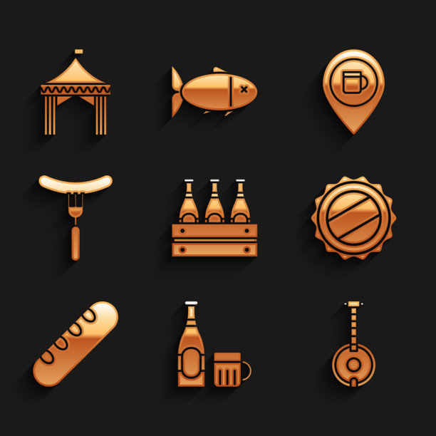 啤酒瓶，啤酒和玻璃，班卓，瓶盖，法国法棍面包，香肠在叉子上，酒吧位置和露营帐篷图标。向量图片下载