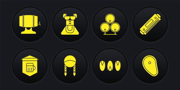 设置招牌与啤酒，口琴，辫子，开心果，木桶，女装紧腰紧身衣，牛排肉和机架图标。向量图片下载